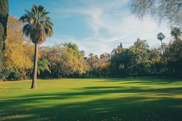 Obraz premium Serene Green Lawn Landscape: Lush Grass, Majestic Trees, Tranquil Park Setting. Perfect for real estate, travel, nature, and environmental projects. Ideal for websites, brochures, and marketing 