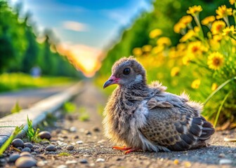 Obraz premium Abandoned Baby Pigeon Chick on Rural Road Kerb - High Depth of Field