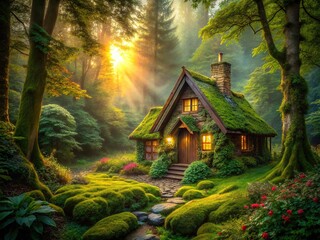 Enchanted forest home, AI-generated fantasy art from 2022.