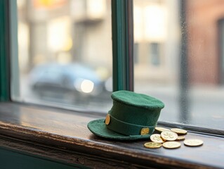 A green hat rests on a windowsill beside shiny gold coins, creating a festive atmosphere, possibly associated with St. Patrick's Day.