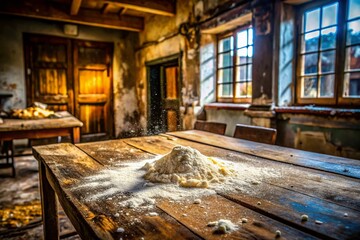 Obraz premium Abandoned Bakery: Flour Dust on Rustic Wooden Table - Urban Exploration Photography