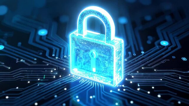 Futuristic Blue Lock on Circuit Board for Cybersecurity Concepts