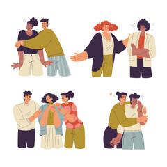 Unwanted Hugs with Man and Woman Feel Annoyed from Unwelcome Awkward Touch Vector Set