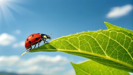Obraz premium Ladybug's Sunlit Perch: A vibrant ladybug rests on the edge of a lush green leaf, basking in the radiant sunshine against a brilliant blue sky. A moment of natural beauty.