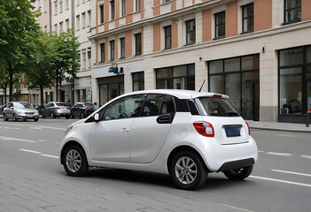 White electric car on city street with classic architecture. Modern transportation concept
