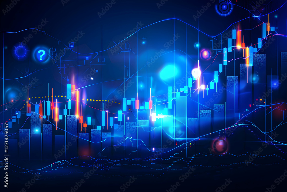 Poster abstract financial data visualization with colorful graphs and digital elements on a blue background