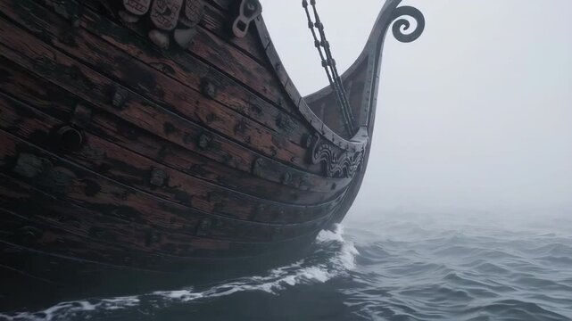 A Mysterious Viking Ship is Slowly Emerging from the Enveloping Misty Waters of the Ocean