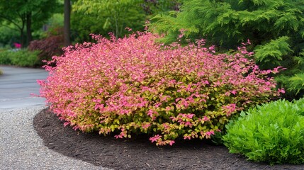 The lush Euonymus shrub stands elegantly in the garden, its rich leaves enhancing the charm of the surrounding landscape design.