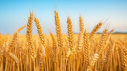 Fototapeta premium A golden wheat field under a clear blue sky, showcasing tall stalks swaying gently in the breeze, symbolizing abundance and agriculture.