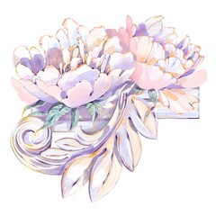 Delicate White Wild Rose Blooming Flowers, Green Leaves, And Classical Architectural Elements In A Romantic Artistic Style, Elegant Watercolor Illustration On White Background 