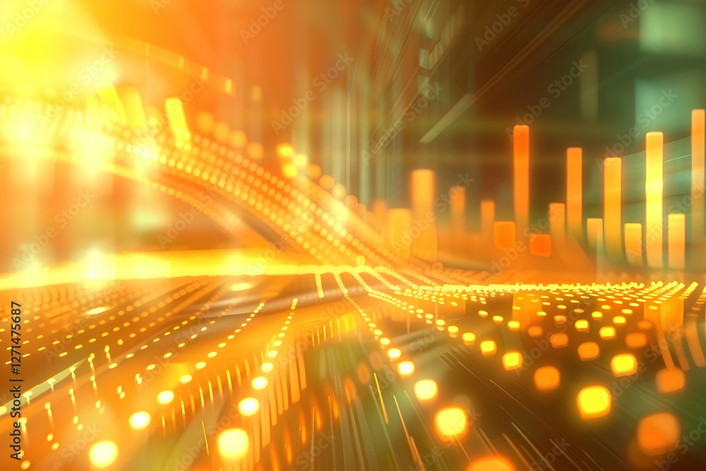Poster abstract visualization of dynamic data waves and glowing bars representing digital trends