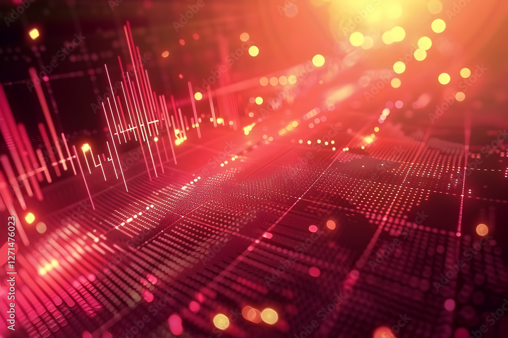 Poster abstract digital background with glowing lines and dots representing data visualization trends