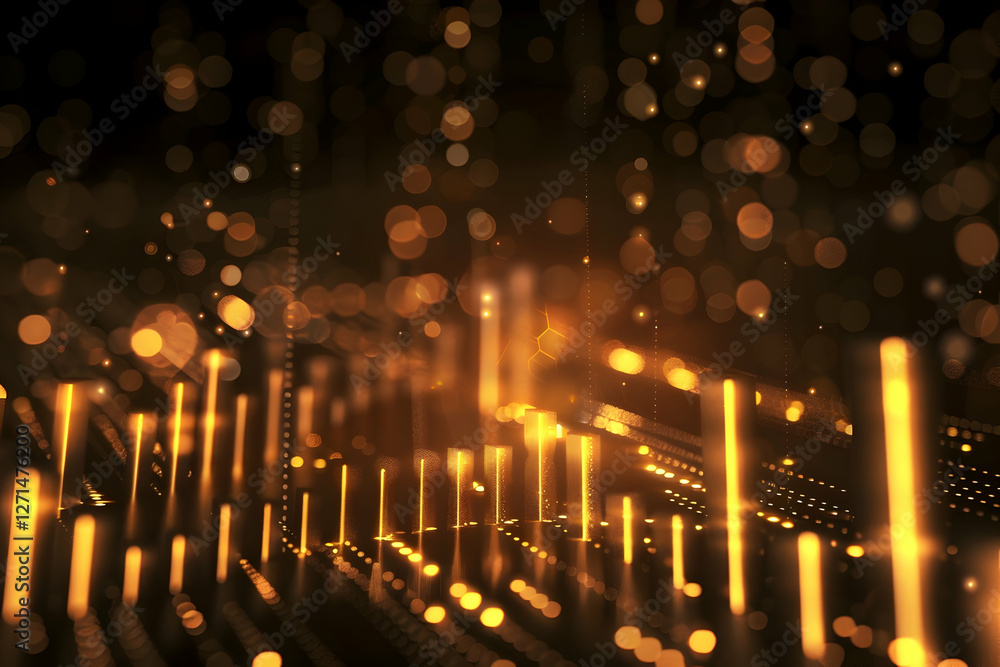 Poster Abstract golden light patterns with glowing lines and bokeh effects in a dark background