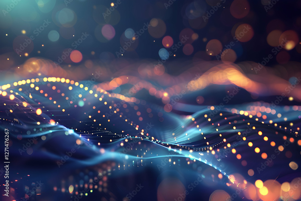 Aufkleber abstract representation of flowing waves with glowing dots and bokeh effects in a digital landscape