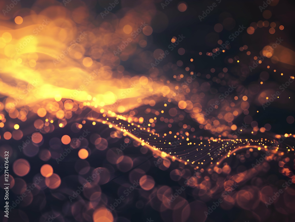 Poster abstract glowing particles create a dynamic wave effect against a dark background, showcasing depth