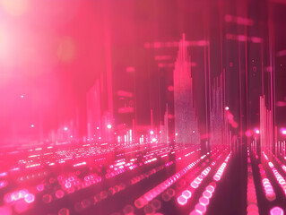 Fototapeta premium Abstract representation of a digital cityscape illuminated in vibrant pink hues with glowing elements
