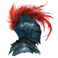 Medieval Knight Helmet with Red Feathers: Blue Grey Armor Profile