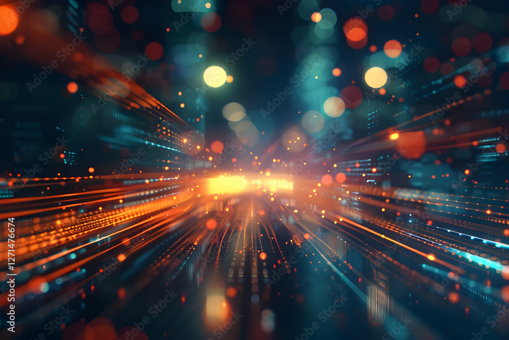 Poster abstract representation of digital data flow with vibrant lights and colors in a futuristic setting