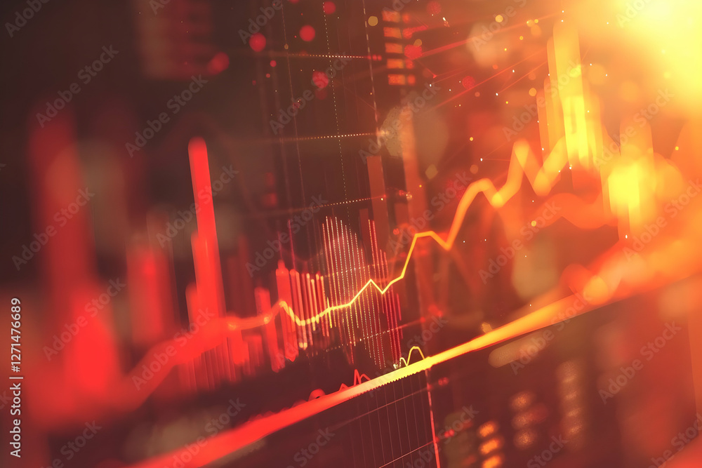Poster abstract financial data visualization with glowing red and green graphs showing market trends