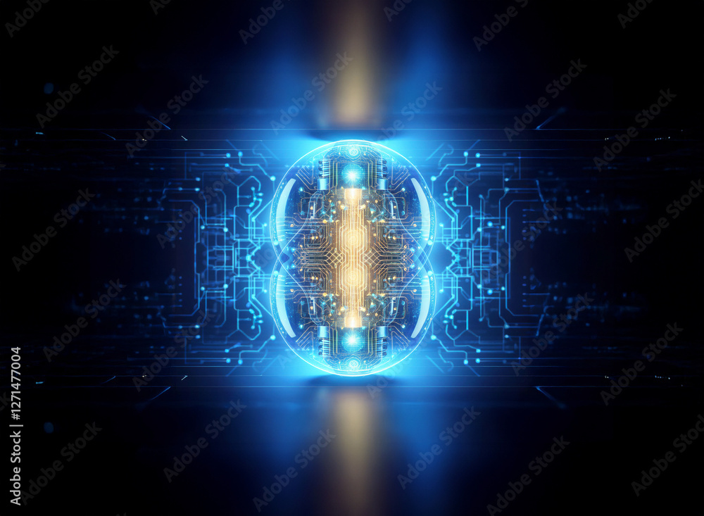Leinwandbilder abstract sci-fi background with a central glowing orb surrounded by blue circuit patterns on a dark 