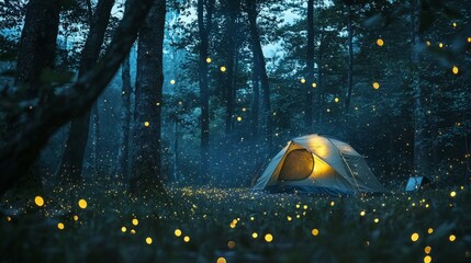 Enchanting Tent Surrounded by Fireflies in a Serene Forest Nightscape