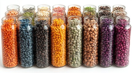 Variety of dried beans and lentils in clear glass jars, studio shot, white background, colorful seeds