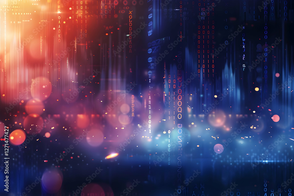 Poster abstract digital background with vibrant colors, light effects, and data patterns for technology the