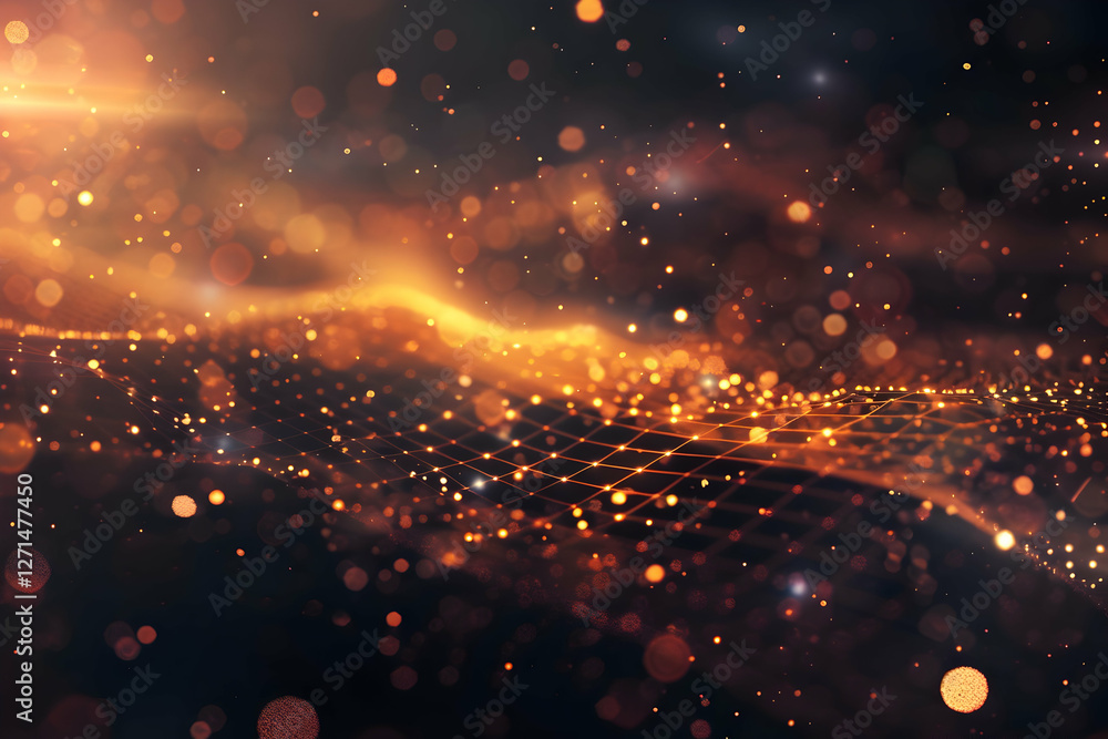 Poster abstract representation of glowing particles and waves in a dark, ethereal background