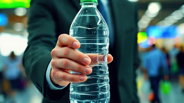 Businessman holding a water bottle in a busy airport terminal with travelers in the background (1)