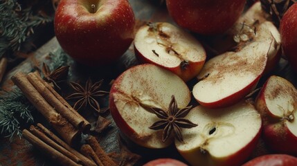 Apples with cinnamon on a textured wooden background. Fragrant red spiced apples with cinnamon sticks and star anise. Apple slices with spicy spices. Place for text. Copy space. Harvesting. Fruits.