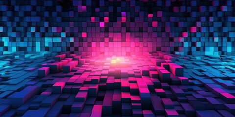 Abstract Digital Cube Landscape Neon Pink and Blue 3D Render Background