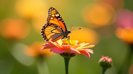 Obraz premium Orange butterfly on pink flower in sunlight.