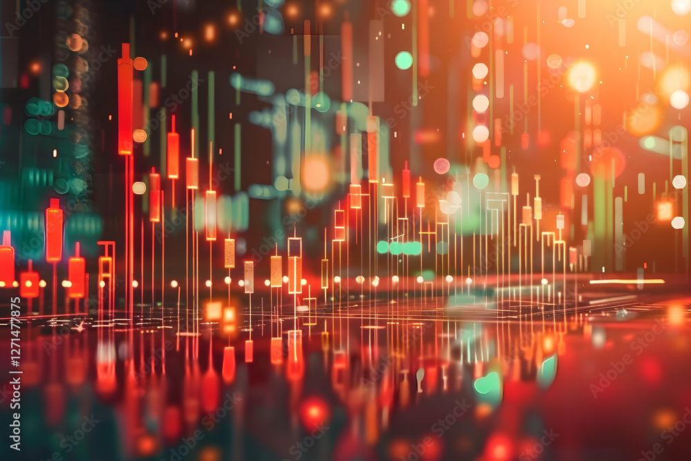 Poster abstract financial data visualization with colorful graphs and glowing lights in a digital environme