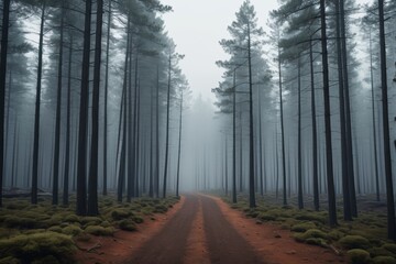 Fototapeta premium arafed road in a foggy forest with trees and moss