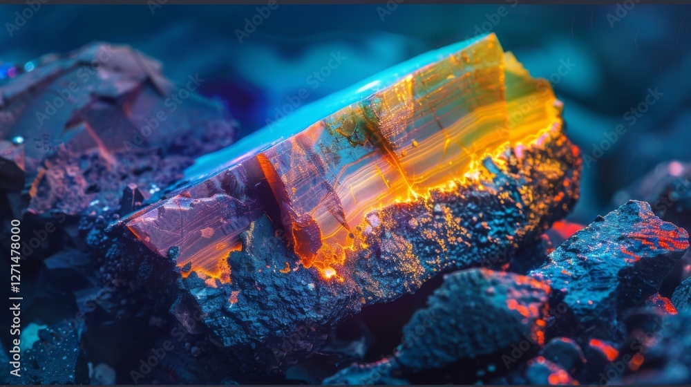 Poster a striking mineral crystal rests on a bed of dark, rough rock, illuminated by colorful light that hi