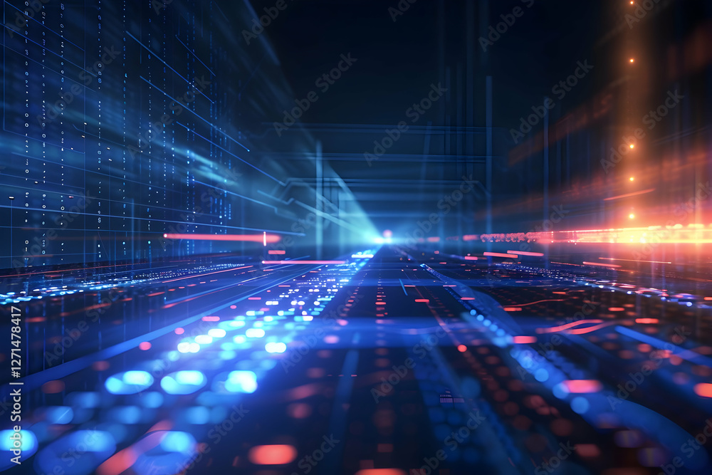 Poster abstract representation of digital data flow with vibrant light trails in a futuristic environment
