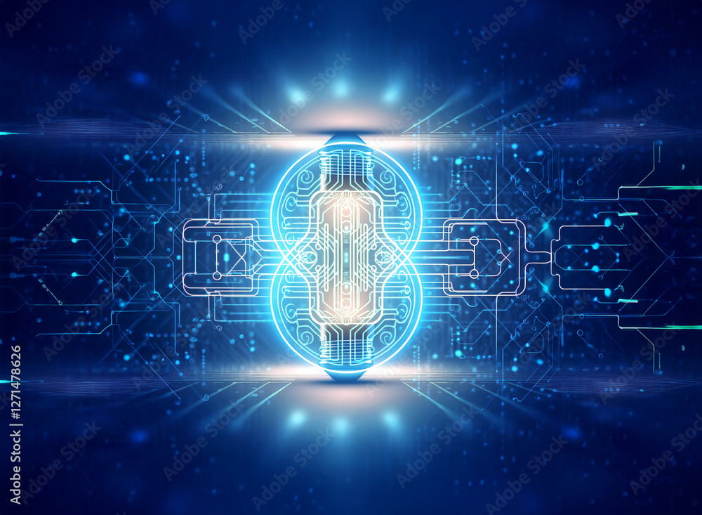 Poster abstract sci-fi background featuring bright blue glowing lines forming a futuristic technological ci