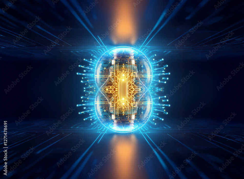 Leinwandbilder abstract sci-fi background featuring a central glowing orb emitting bright blue light. circuit patte