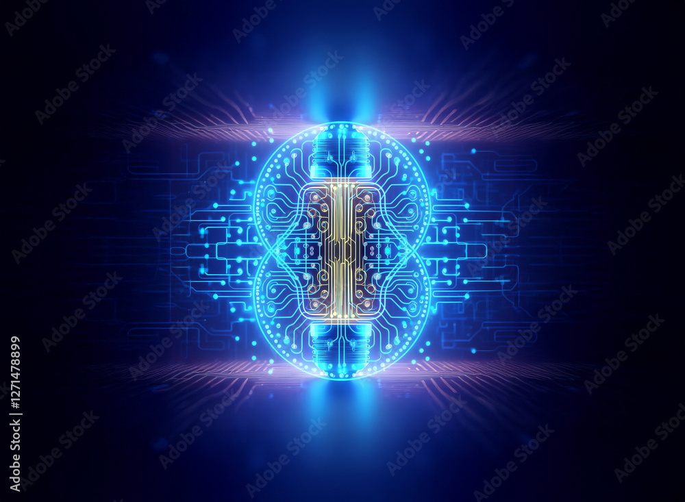 Leinwandbilder Abstract sci-fi background with glowing blue and purple lights forming a circuit board like shape. Futuristic and technological design element.