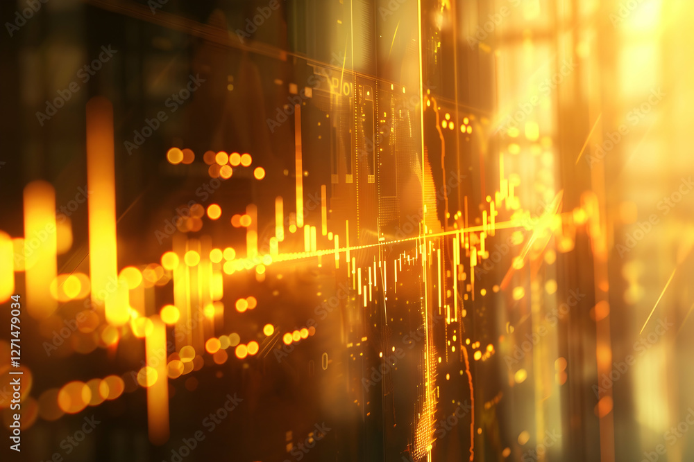 Poster abstract financial data visualization with glowing lines and reflections in a modern cityscape