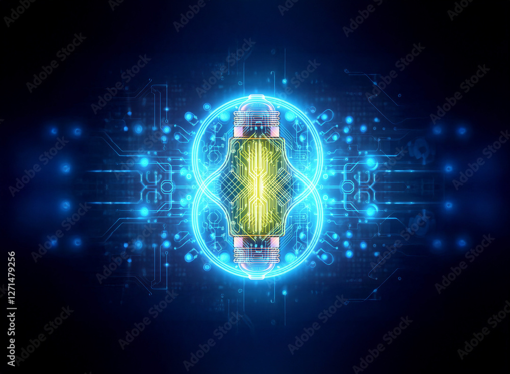 Poster abstract sci-fi background featuring a luminous infinity symbol in blue and yellow hues, contrasted 