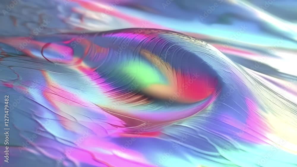 Poster An iridescent scene of flowing liquid waves with an iridescent hologram effect in tones of ocean wave and sunset gold. The aesthetic is organic and fantastical