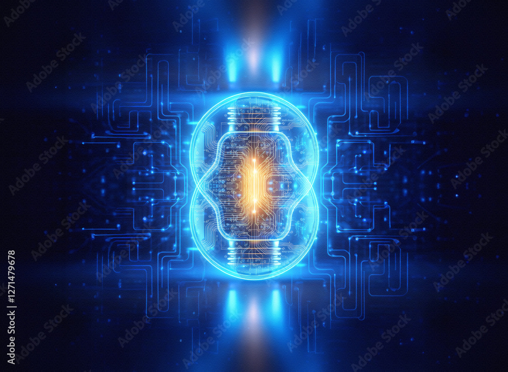 Poster abstract sci-fi background featuring glowing blue and orange energy shapes. futuristic circuit desig