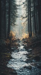 Obraz premium Serene Forest Stream with Sunlight Filtering Through Trees