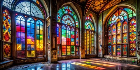 Obraz premium Abandoned Church, Vibrant Stained Glass, Urban Exploration Photography, Architectural Detail