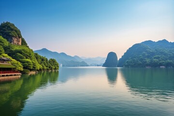 mountains and trees are reflected in the water of a lake