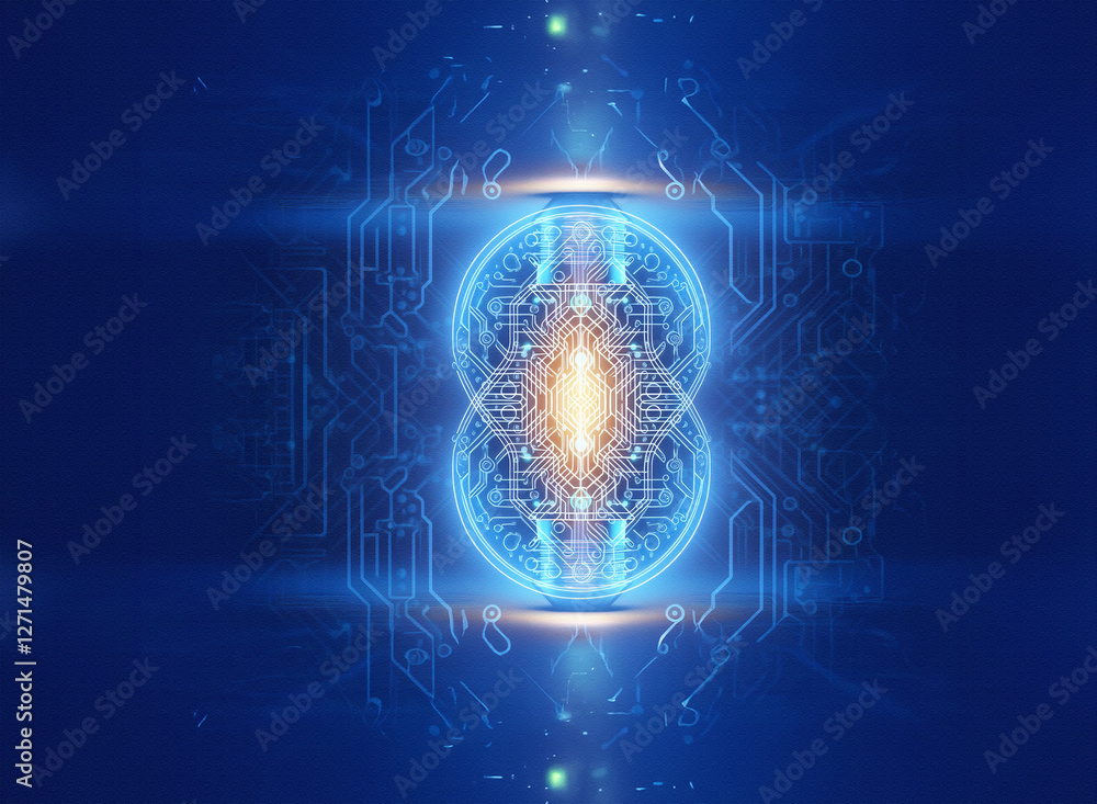 Poster abstract sci-fi background with glowing blue and gold elements. a symmetrical design evokes a sense 
