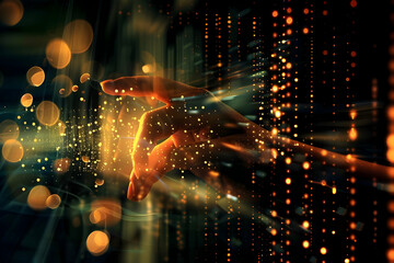 Abstract representation of a hand manipulating glowing particles in a digital space