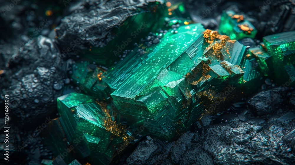 Poster vivid emerald green crystals emerge from a dark mineral base, reflecting gentle light and showcasing