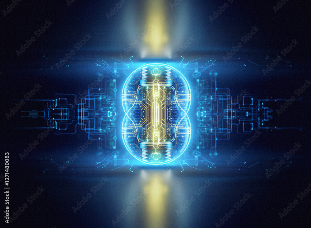 Poster abstract sci-fi background featuring a symmetrical, glowing blue and yellow light shape with circuit
